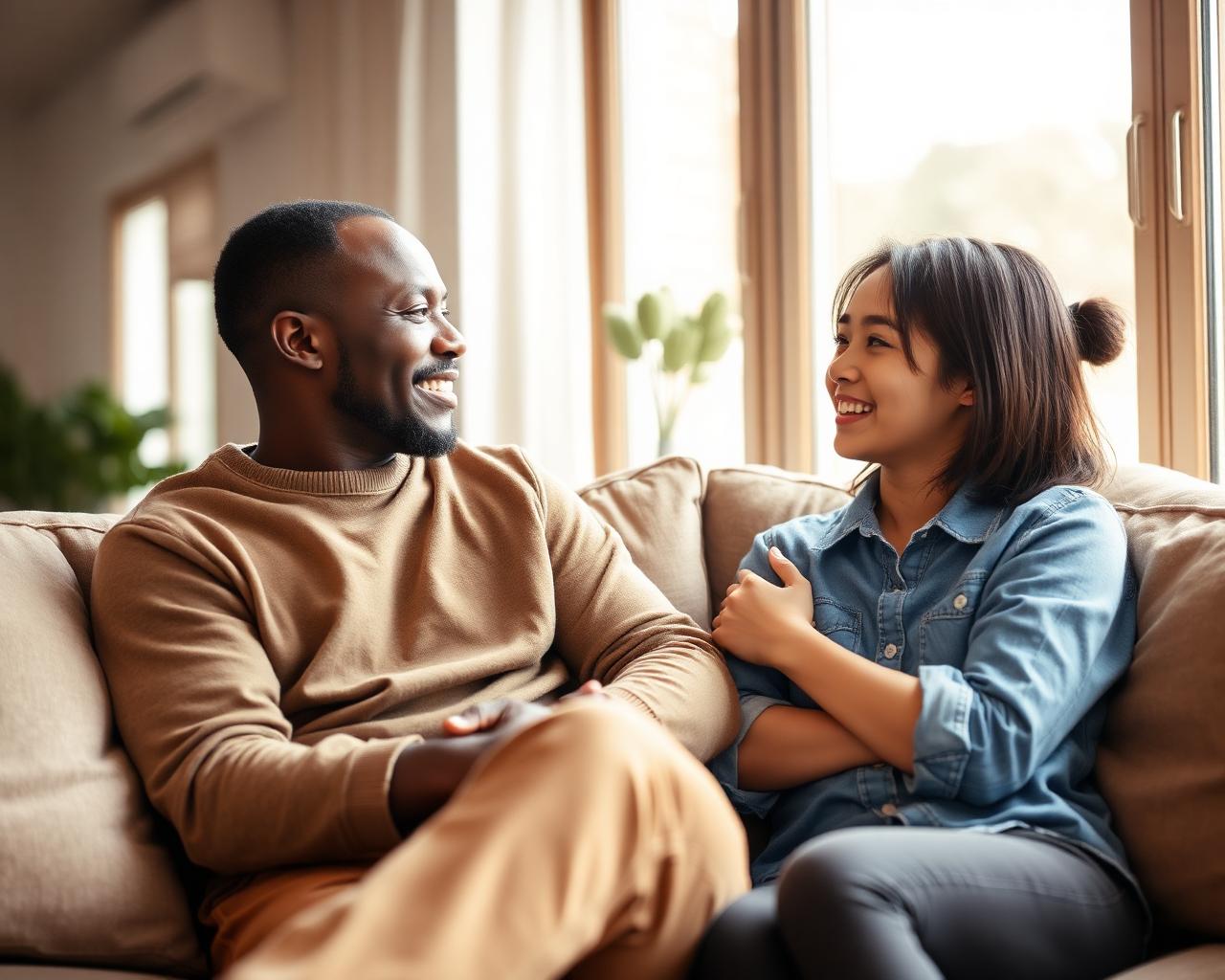 Black parent and Asian teenager talking and smiling together on a sofa