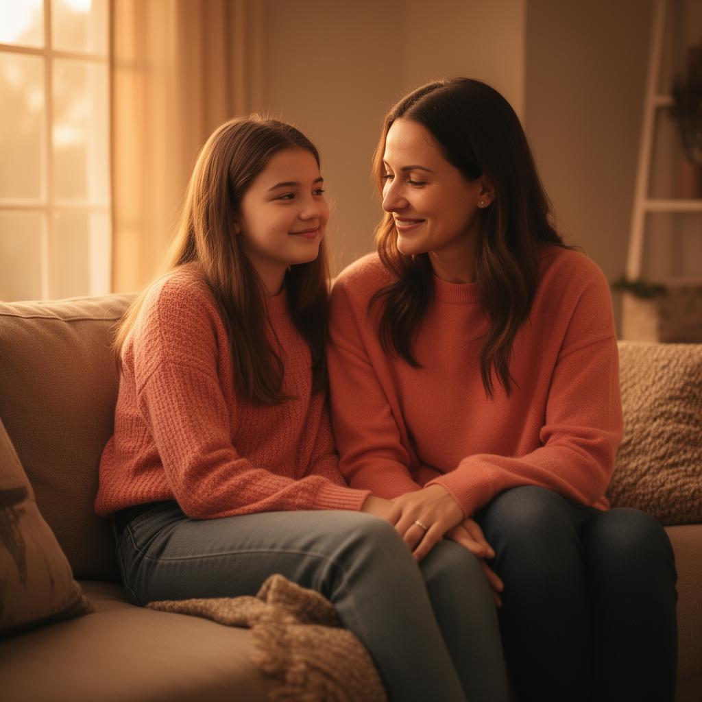 Mother and teenage daughter sharing a warm moment on the sofa